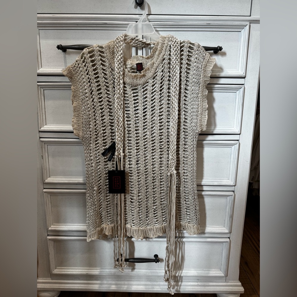 Stefanel Beige Knit Crochet Swim Coverup NWT one size